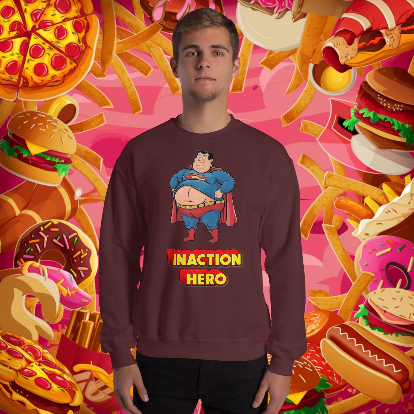 Inaction Hero Funny Fat Superhero Unisex Sweatshirt Maroon Sweatshirts Justice League Movies Superheroes Superman Next Cult Brand