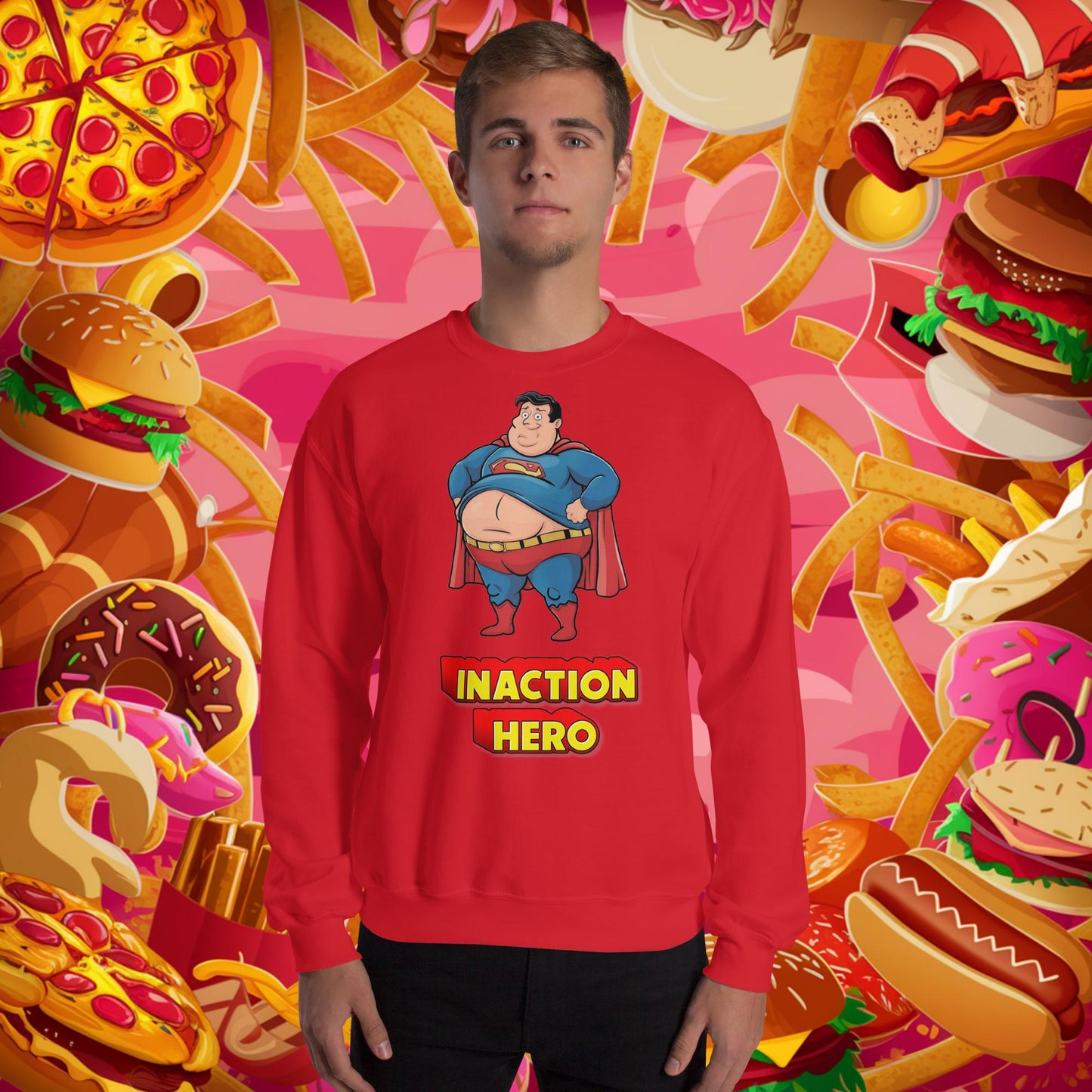 Inaction Hero Funny Fat Superhero Unisex Sweatshirt Red Sweatshirts Justice League Movies Superheroes Superman Next Cult Brand
