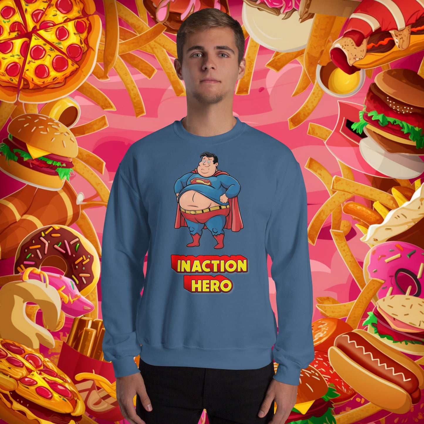 Inaction Hero Funny Fat Superhero Unisex Sweatshirt Indigo Blue Sweatshirts Justice League Movies Superheroes Superman Next Cult Brand