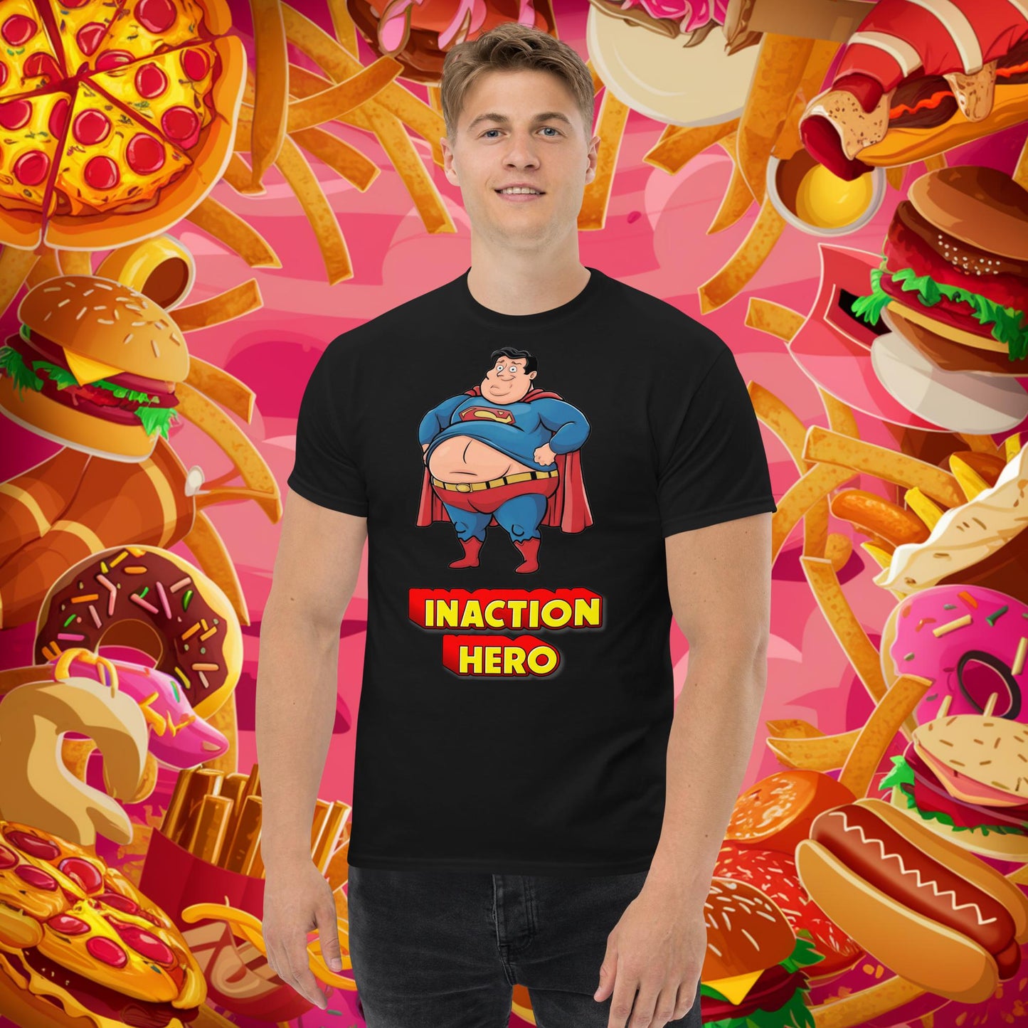 Inaction Hero Funny Fat Superhero Unisex tee Black T-shirts Films Fitness Gym Justice League Movies Pump Cover Superheroes Superman Workout Next Cult Brand
