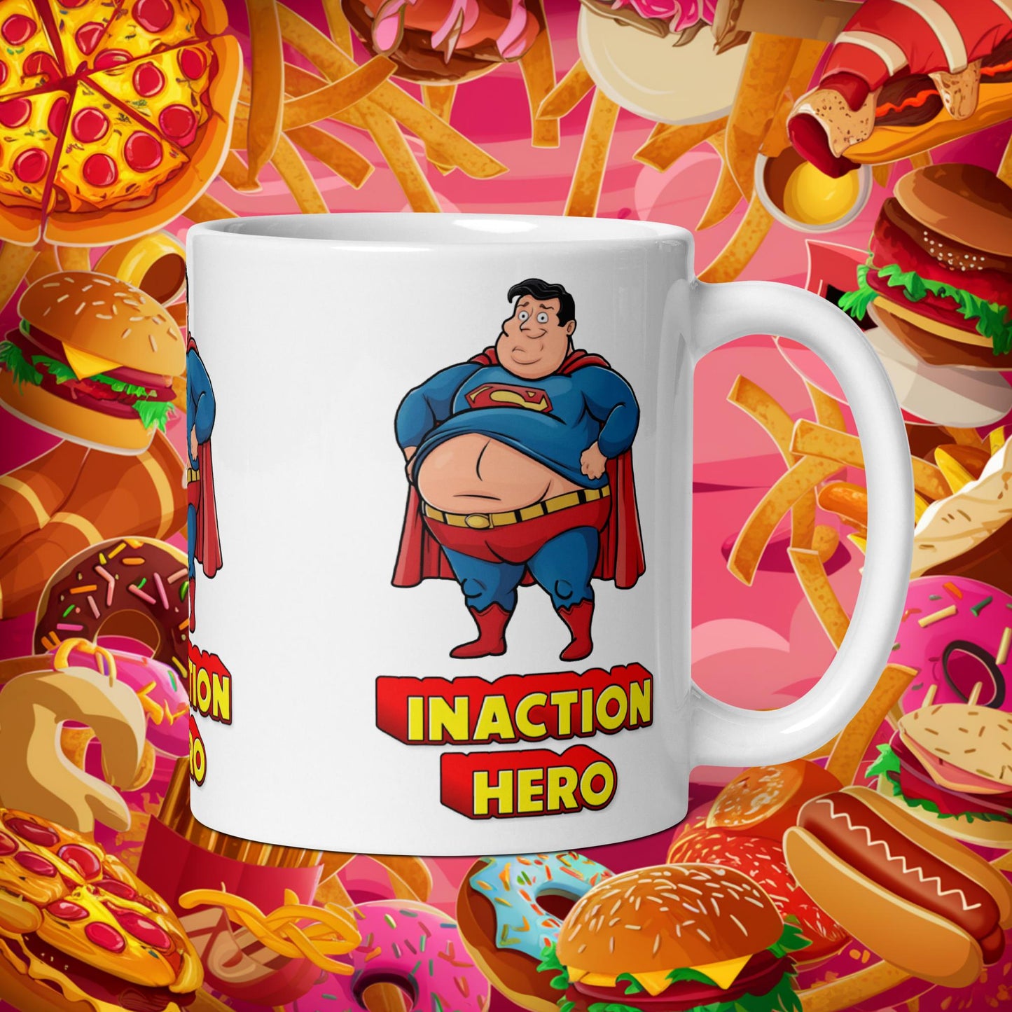 Inaction Hero Funny Fat Superhero White glossy mug Default Title Mugs Justice League Movies Superheroes Superman Next Cult Brand