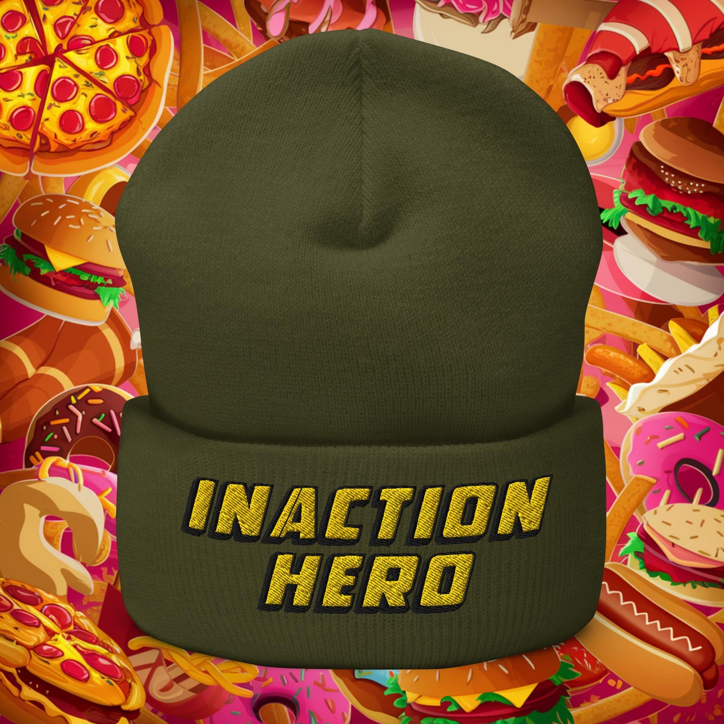 Inaction Hero Lazy Superhero Cuffed Beanie Olive Hats Superheroes Next Cult Brand