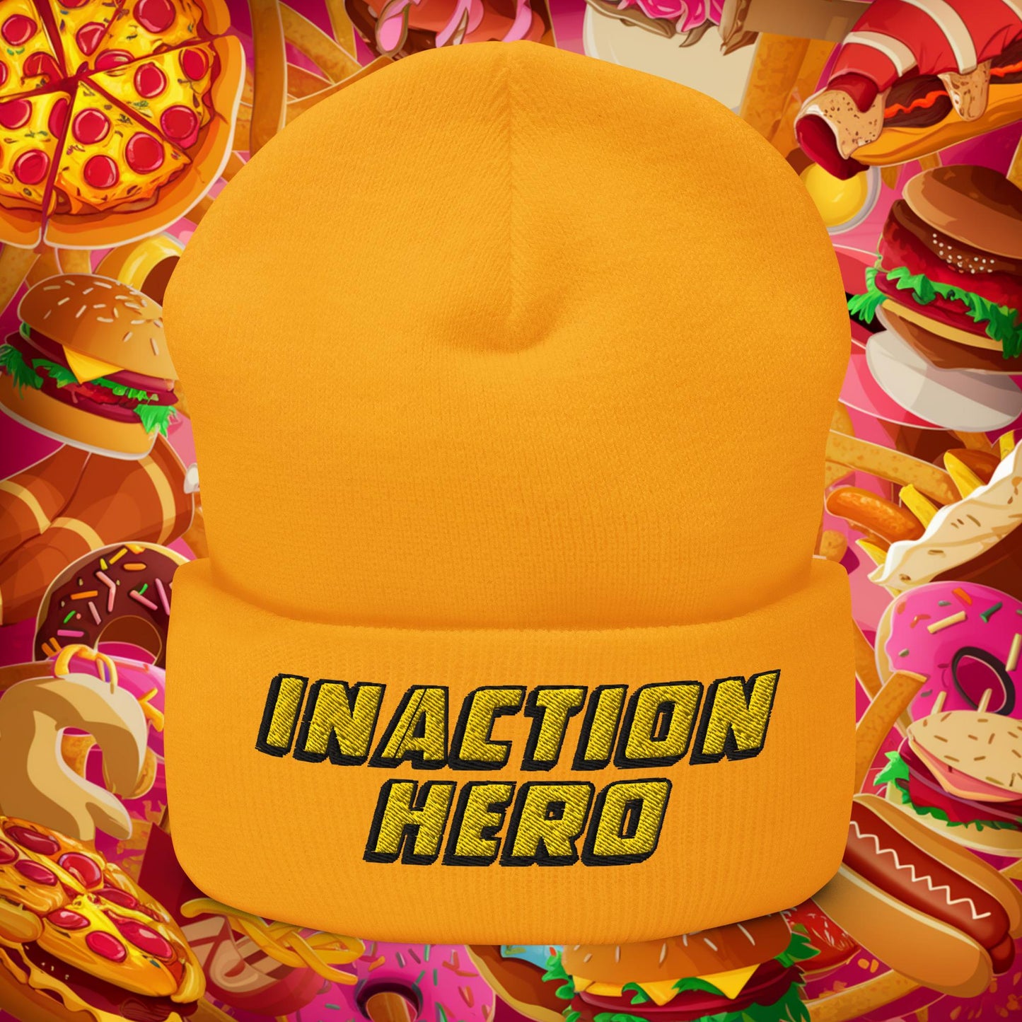 Inaction Hero Lazy Superhero Cuffed Beanie Gold Hats Superheroes Next Cult Brand
