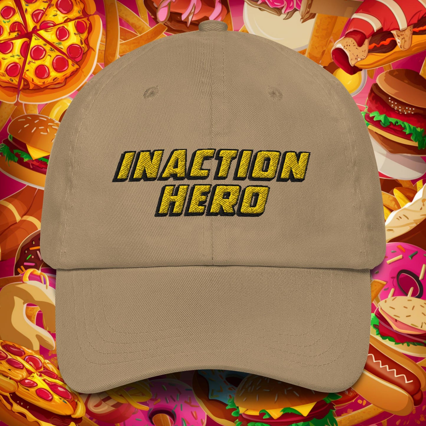 Inaction Hero Lazy Superhero Dad hat Khaki Hats Superheroes Next Cult Brand