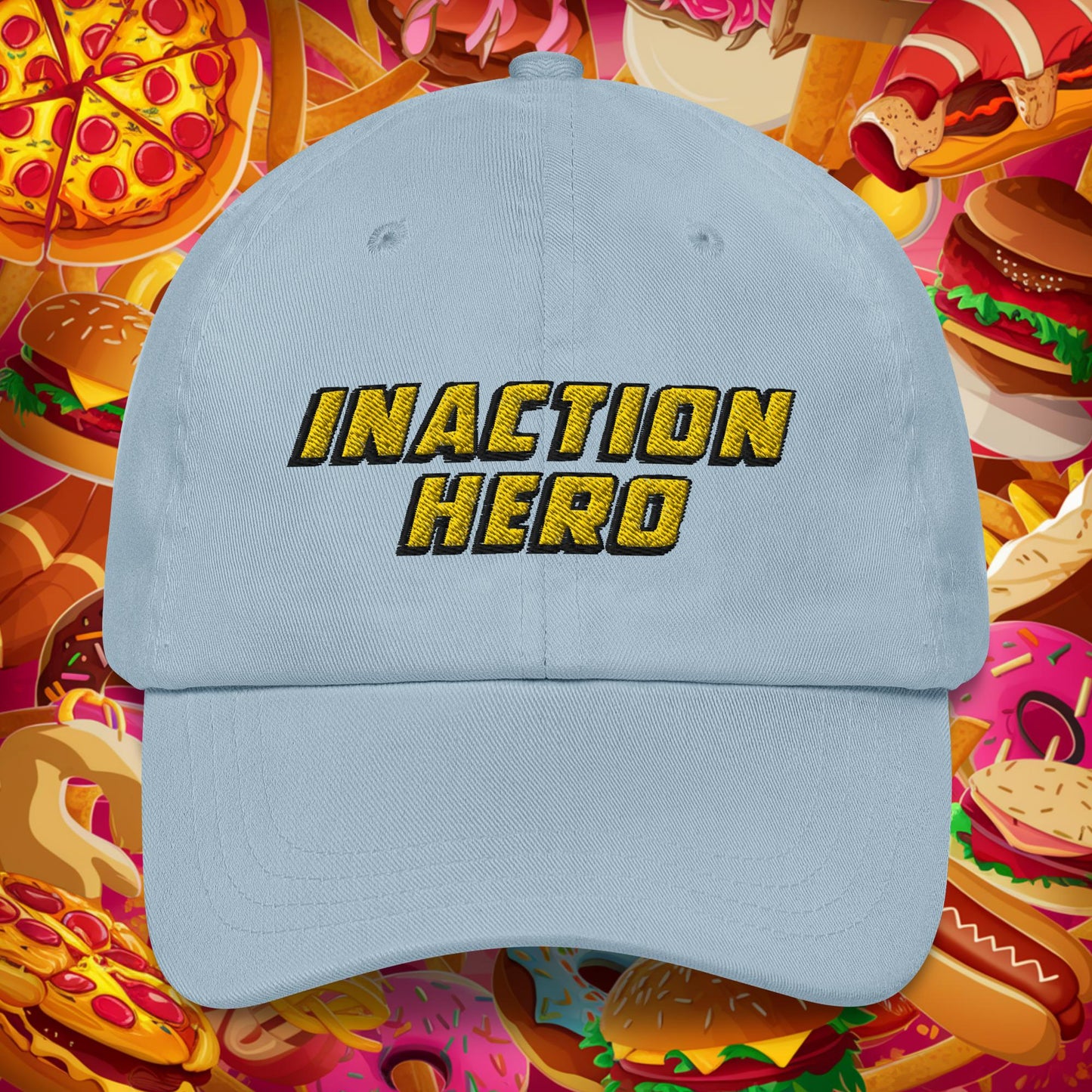 Inaction Hero Lazy Superhero Dad hat Light Blue Hats Superheroes Next Cult Brand