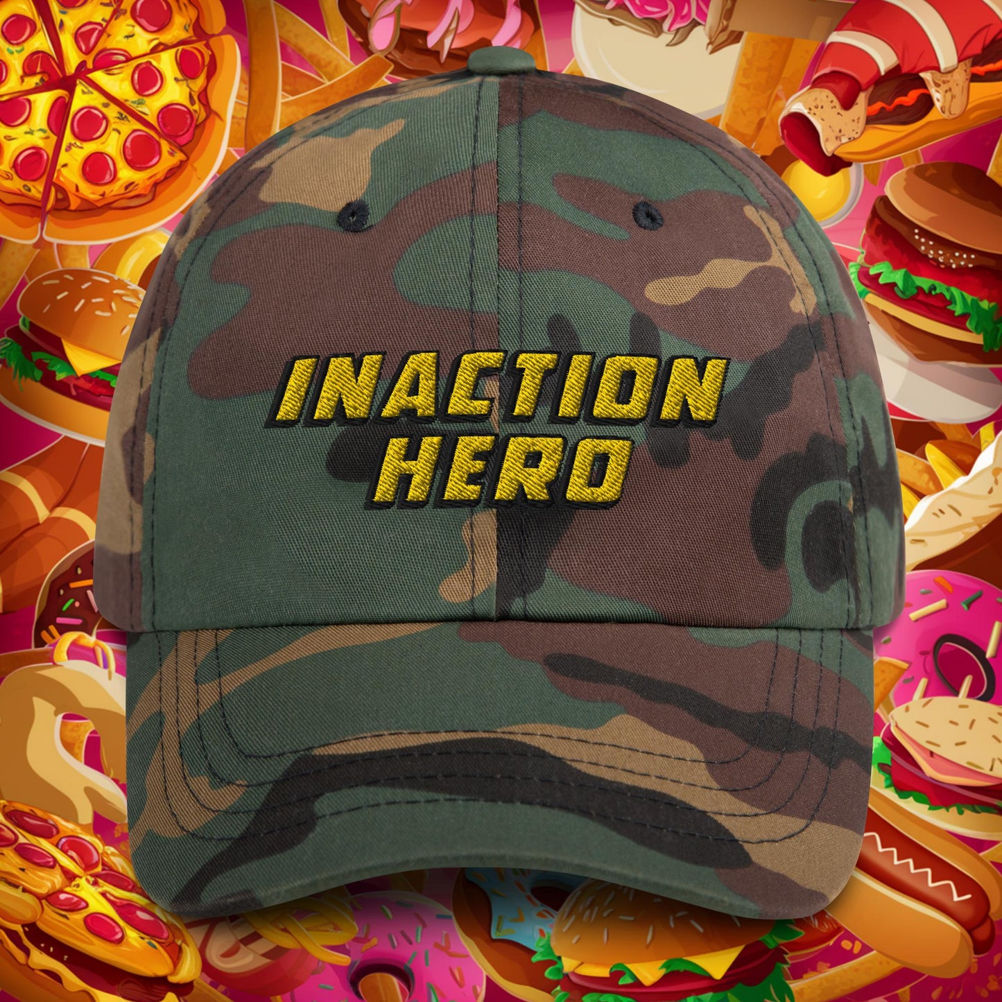 Inaction Hero Lazy Superhero Dad hat Green Camo Hats Superheroes Next Cult Brand