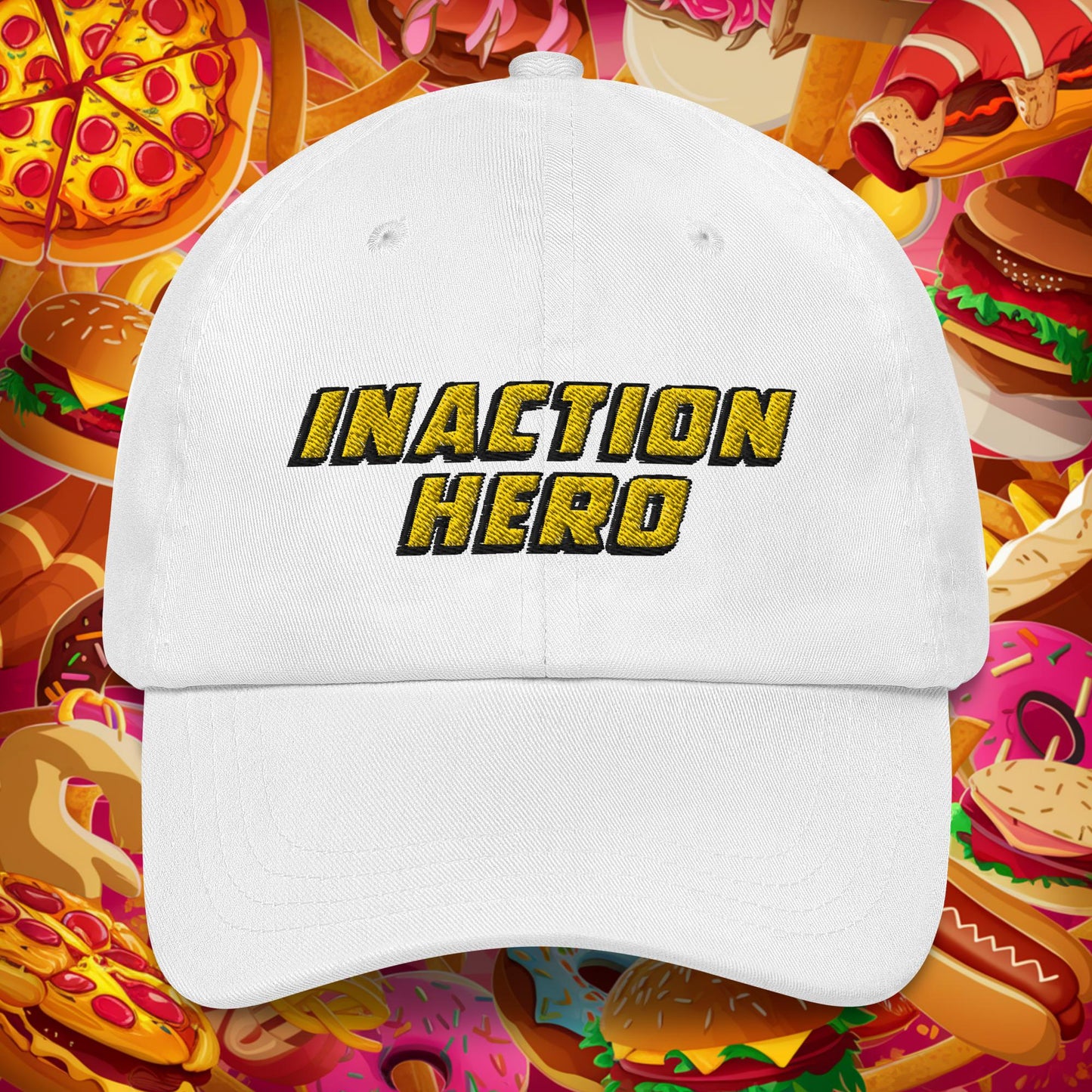 Inaction Hero Lazy Superhero Dad hat White Hats Superheroes Next Cult Brand