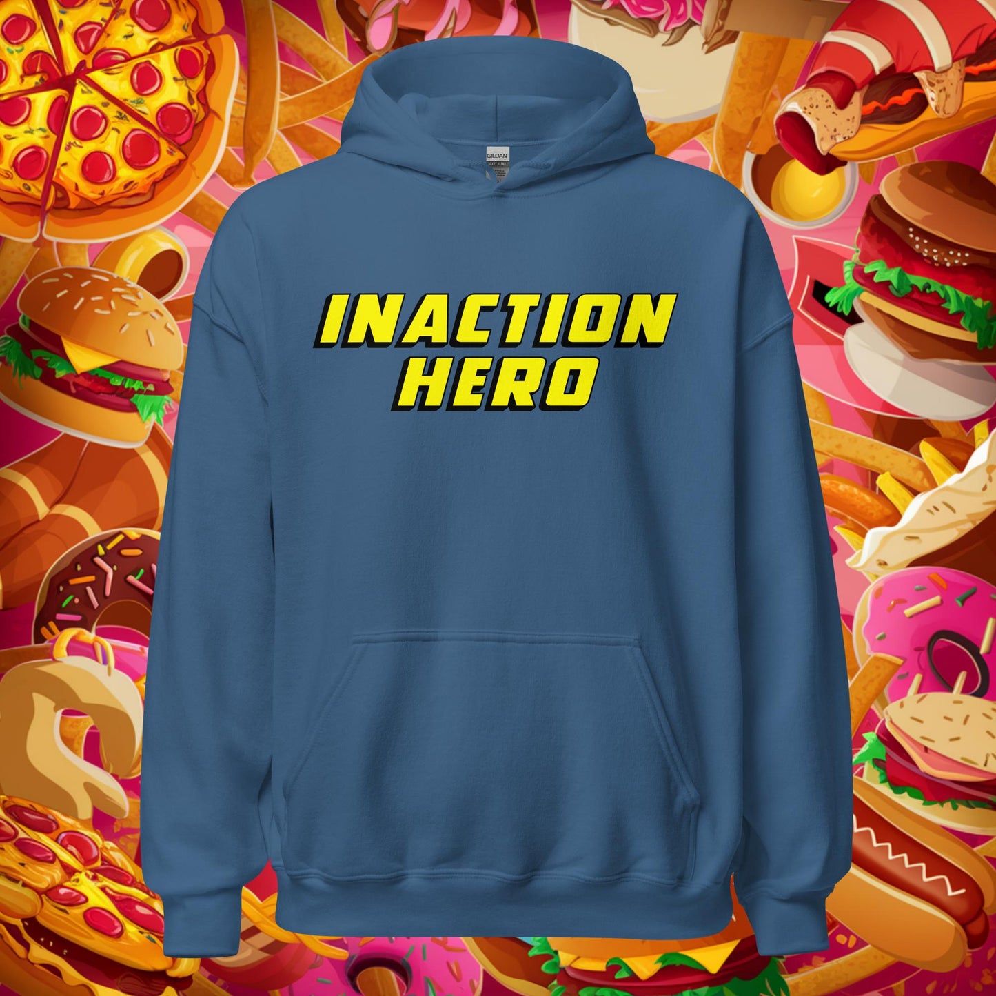 Inaction Hero Lazy Superhero Unisex Hoodie Indigo Blue Hoodies Superheroes Next Cult Brand