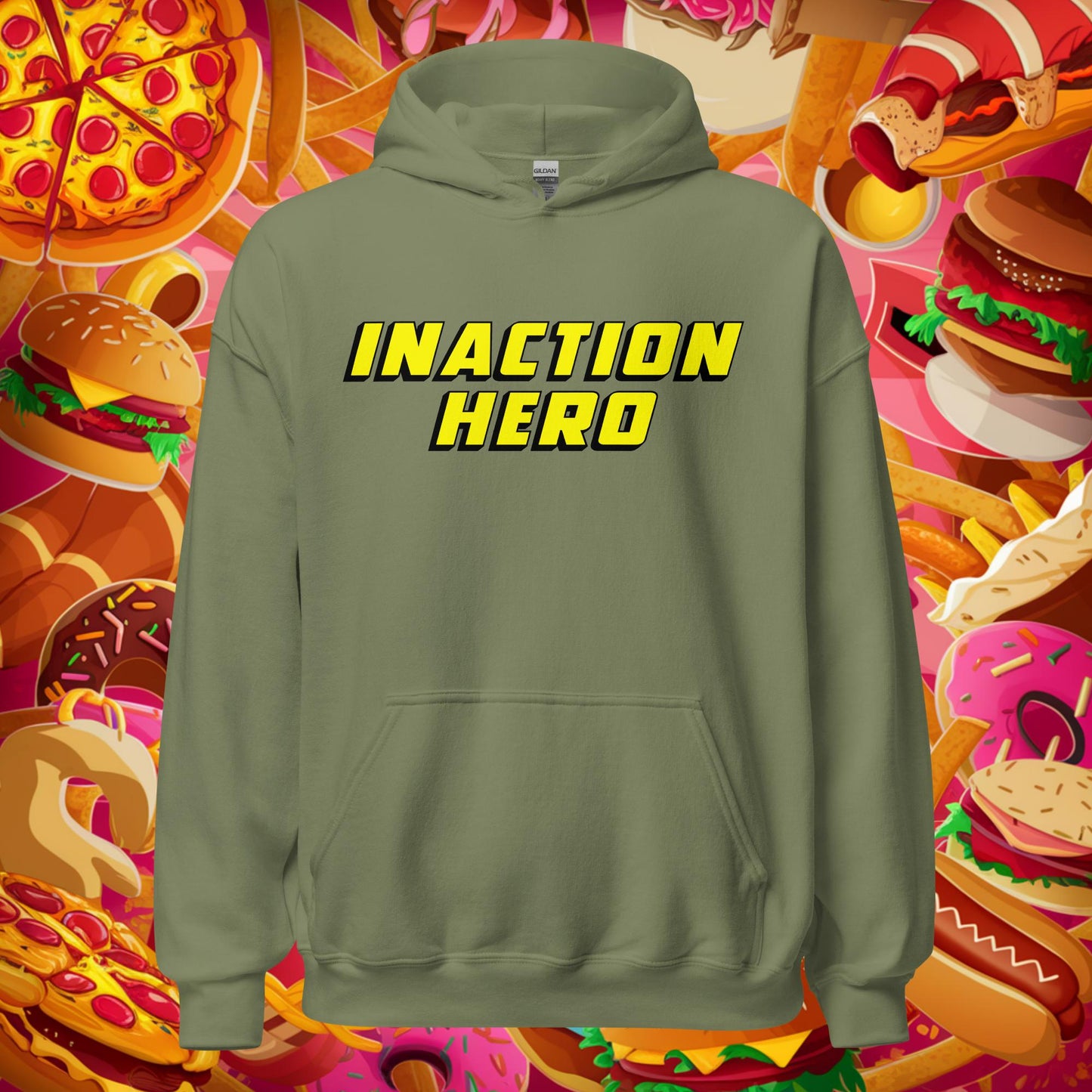 Inaction Hero Lazy Superhero Unisex Hoodie Military Green Hoodies Superheroes Next Cult Brand