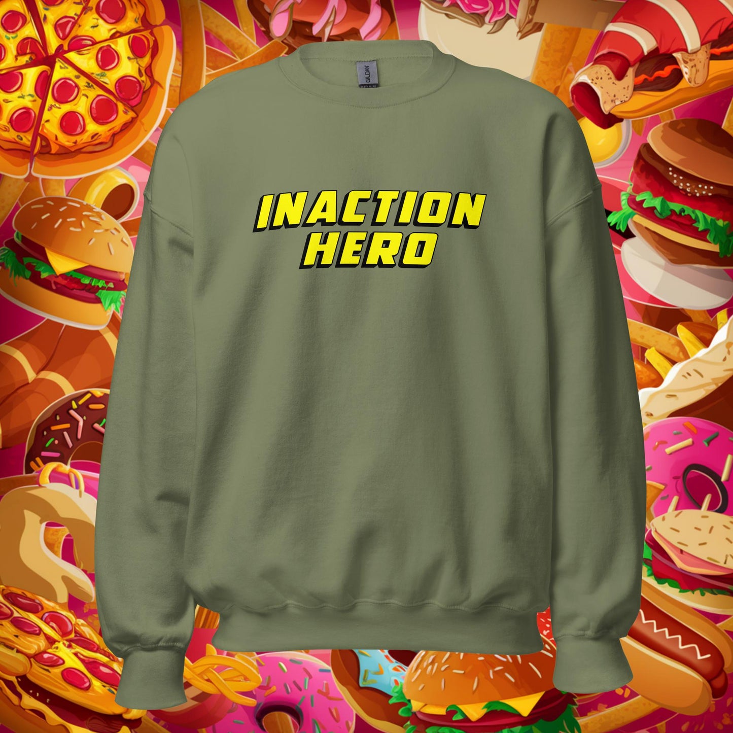 Inaction Hero Lazy Superhero Unisex Sweatshirt Military Green Sweatshirts Superheroes Next Cult Brand