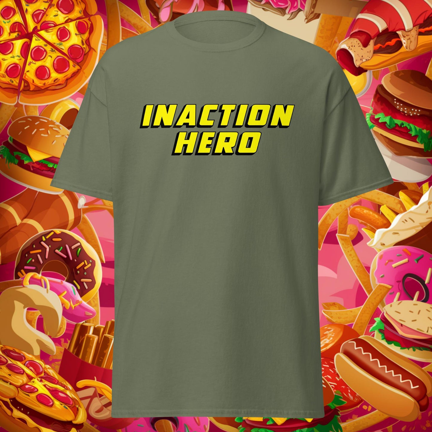Inaction Hero Lazy Superhero Unisex tee Military Green T-shirts Superheroes Next Cult Brand