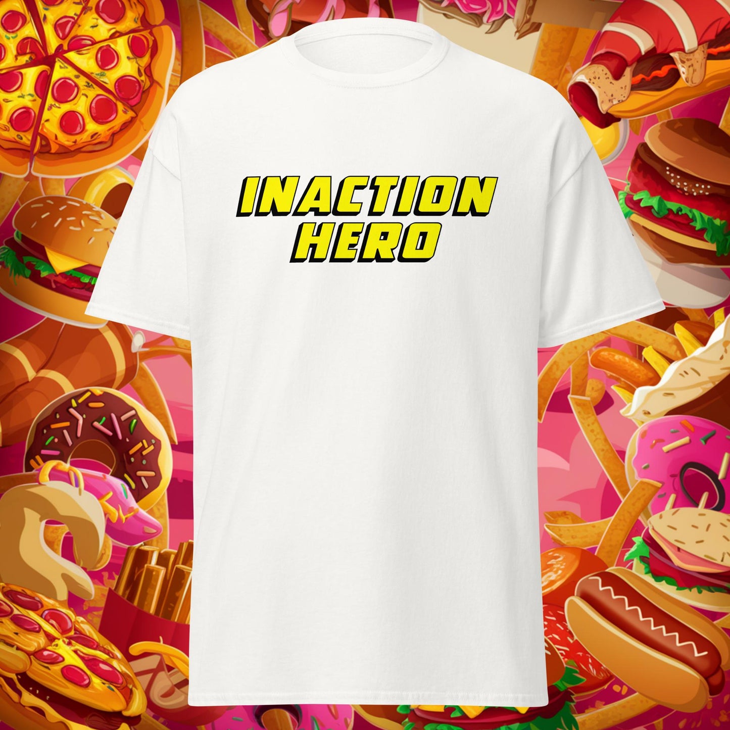 Inaction Hero Lazy Superhero Unisex tee White T-shirts Superheroes Next Cult Brand
