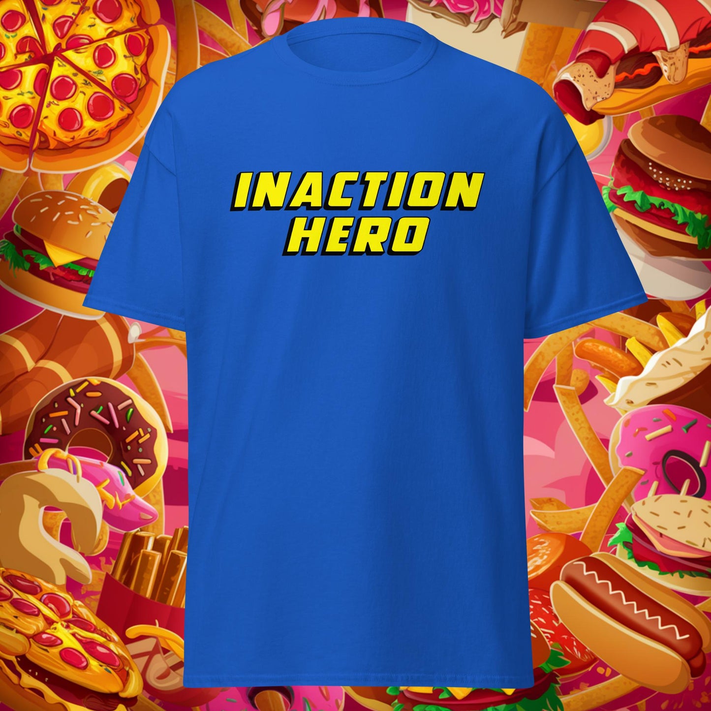 Inaction Hero Lazy Superhero Unisex tee Royal T-shirts Superheroes Next Cult Brand