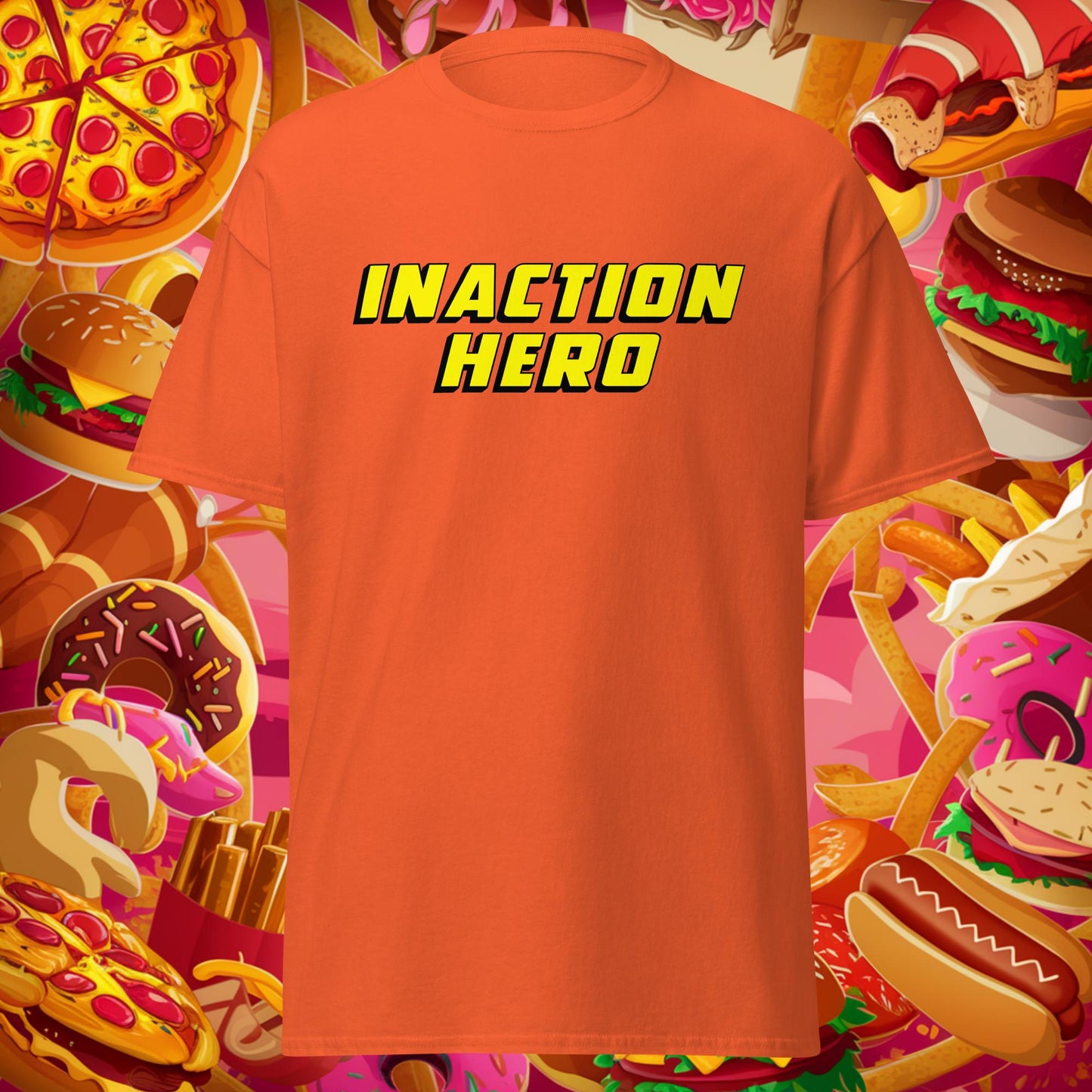 Inaction Hero Lazy Superhero Unisex tee Orange T-shirts Superheroes Next Cult Brand