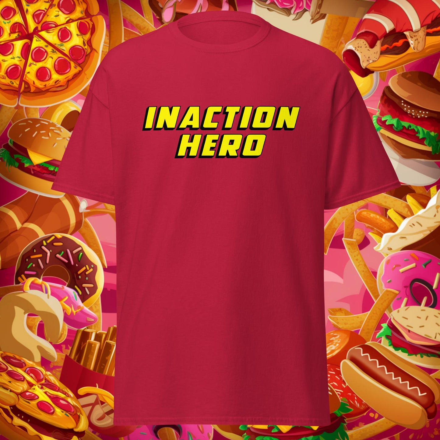 Inaction Hero Lazy Superhero Unisex tee Cardinal T-shirts Superheroes Next Cult Brand