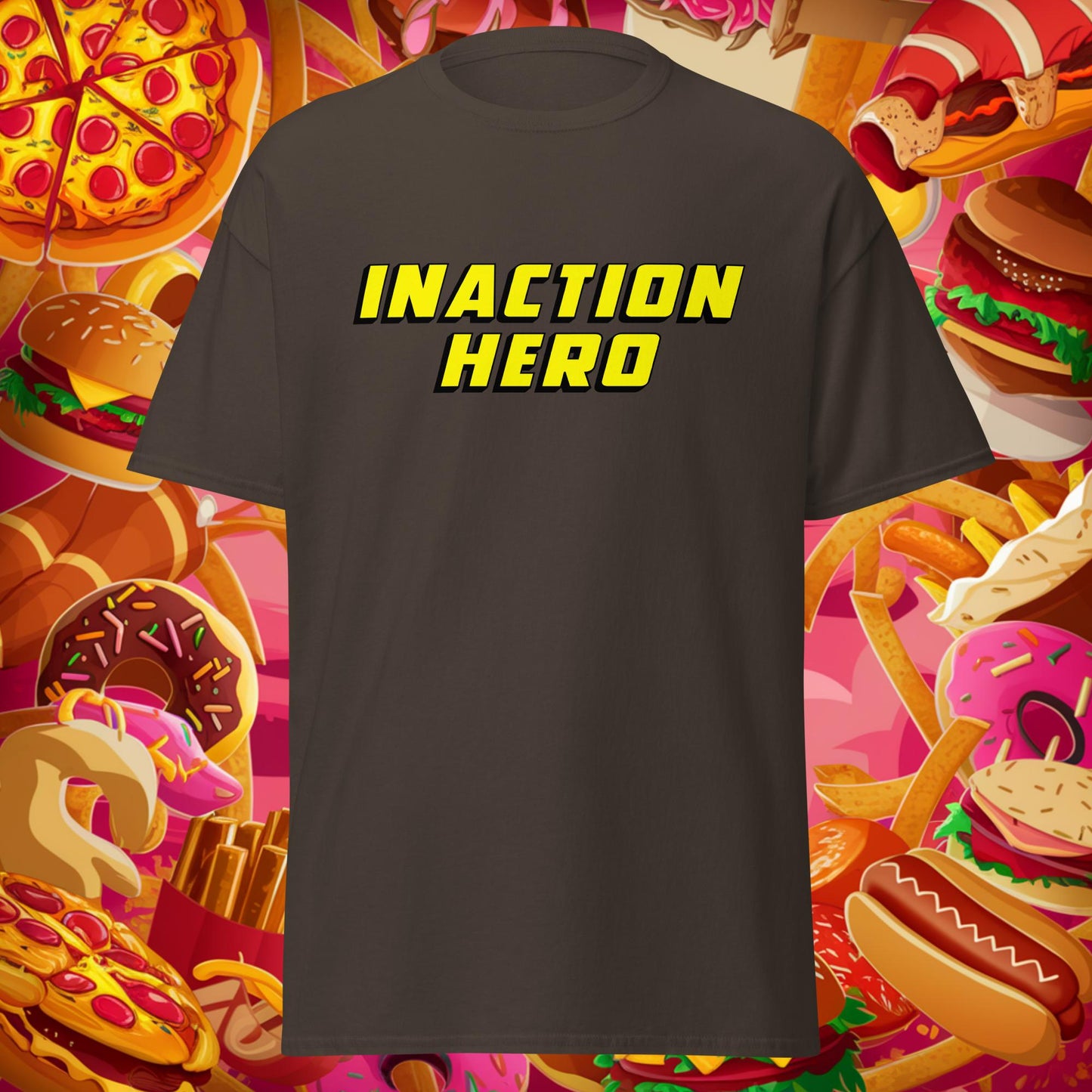 Inaction Hero Lazy Superhero Unisex tee Dark Chocolate T-shirts Superheroes Next Cult Brand