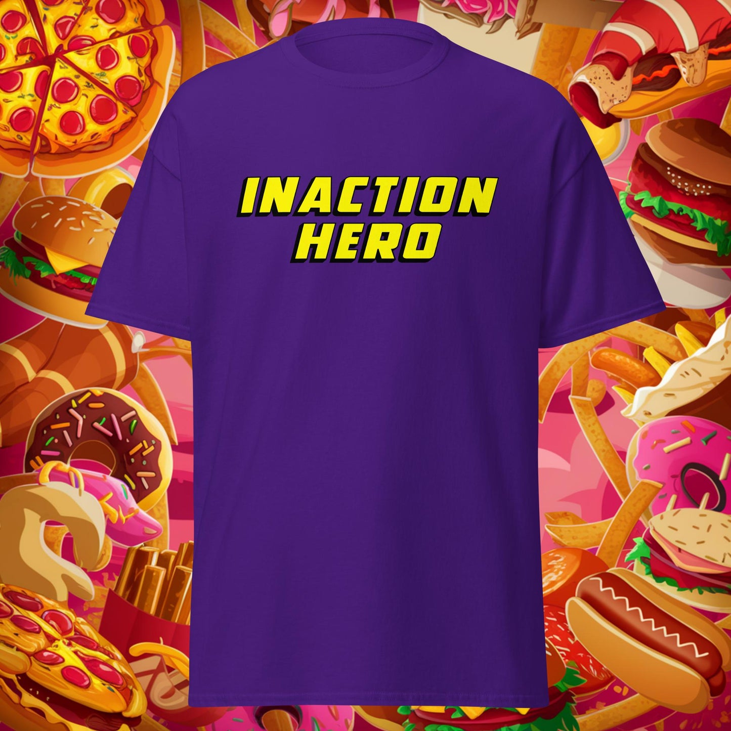 Inaction Hero Lazy Superhero Unisex tee Purple T-shirts Superheroes Next Cult Brand