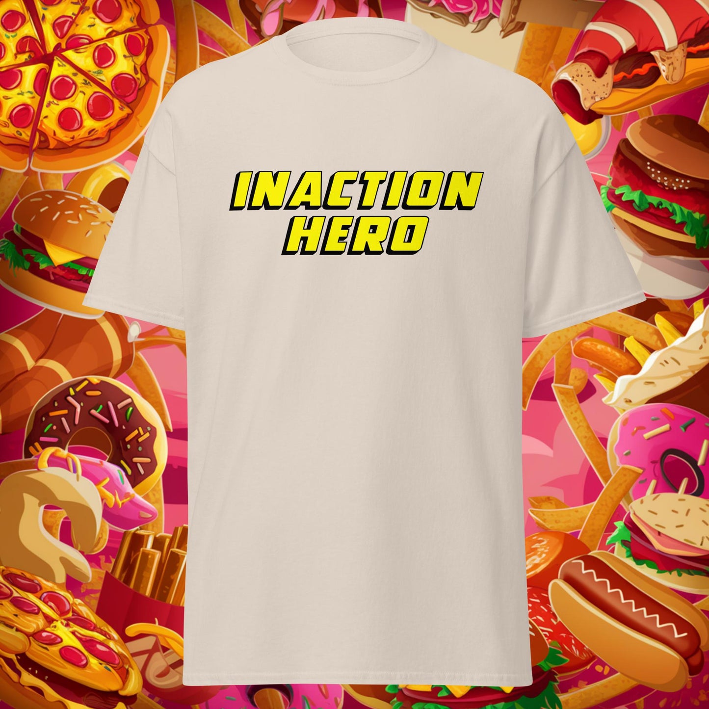 Inaction Hero Lazy Superhero Unisex tee Natural T-shirts Superheroes Next Cult Brand