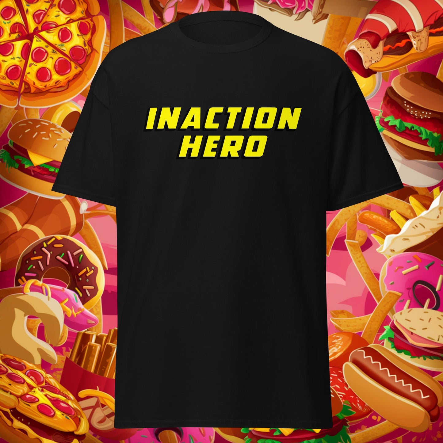 Inaction Hero Lazy Superhero Unisex tee Black T-shirts Superheroes Next Cult Brand