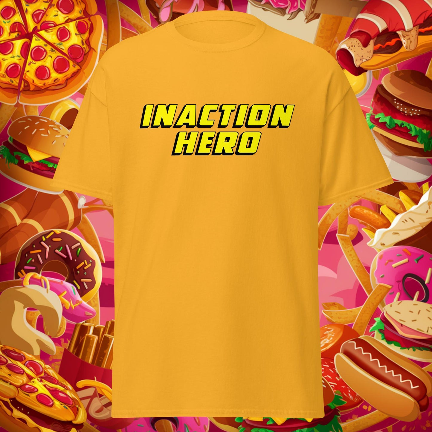 Inaction Hero Lazy Superhero Unisex tee Gold T-shirts Superheroes Next Cult Brand