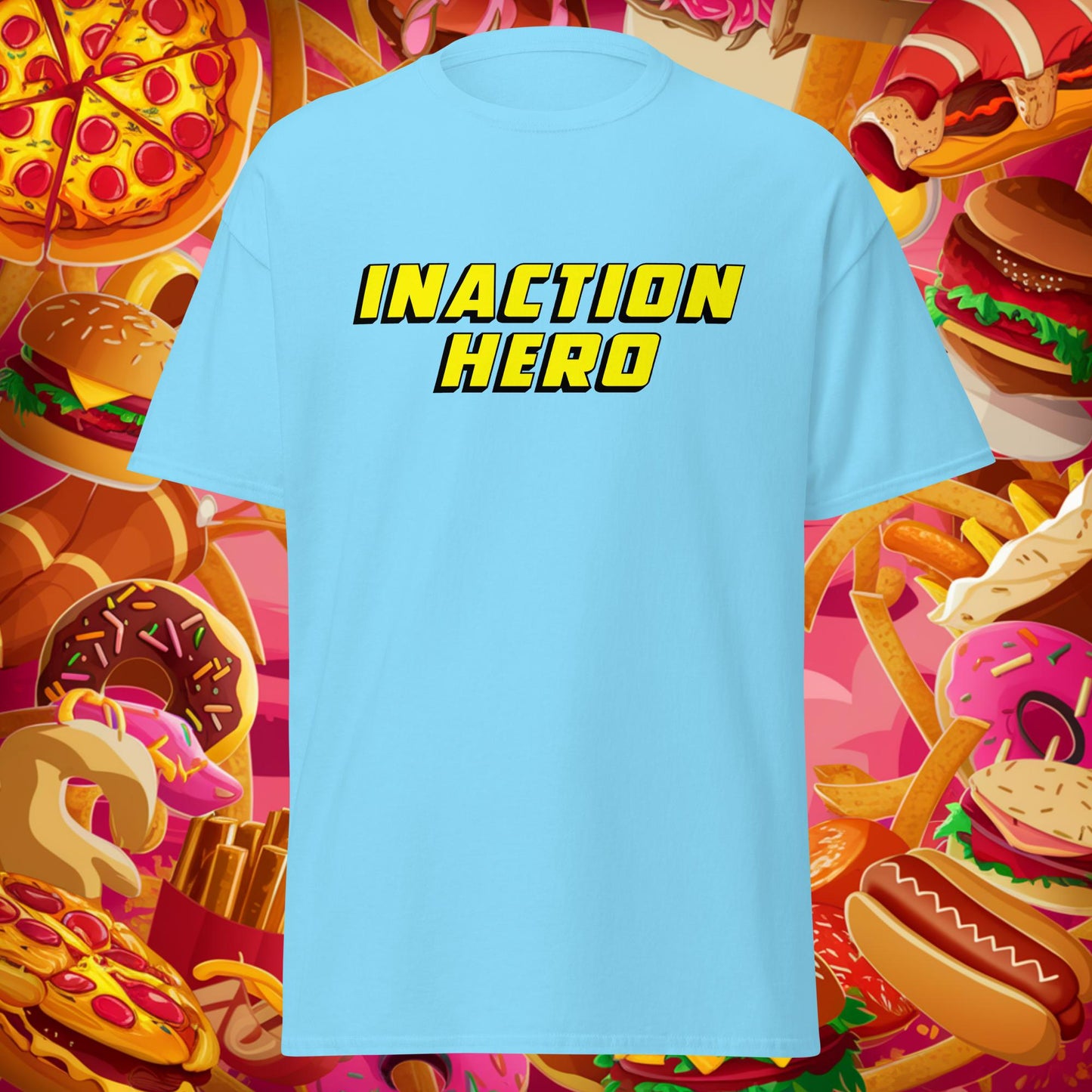 Inaction Hero Lazy Superhero Unisex tee Sky T-shirts Superheroes Next Cult Brand