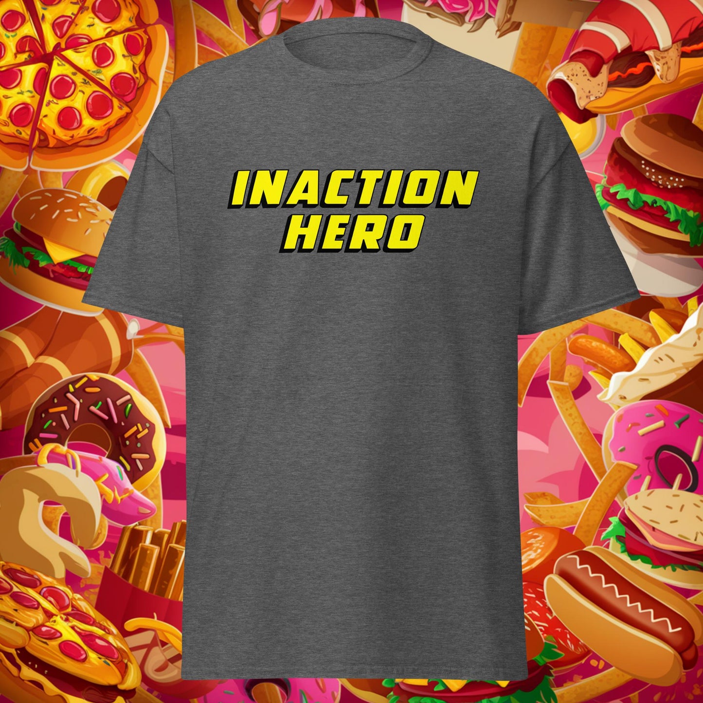 Inaction Hero Lazy Superhero Unisex tee Dark Heather T-shirts Superheroes Next Cult Brand
