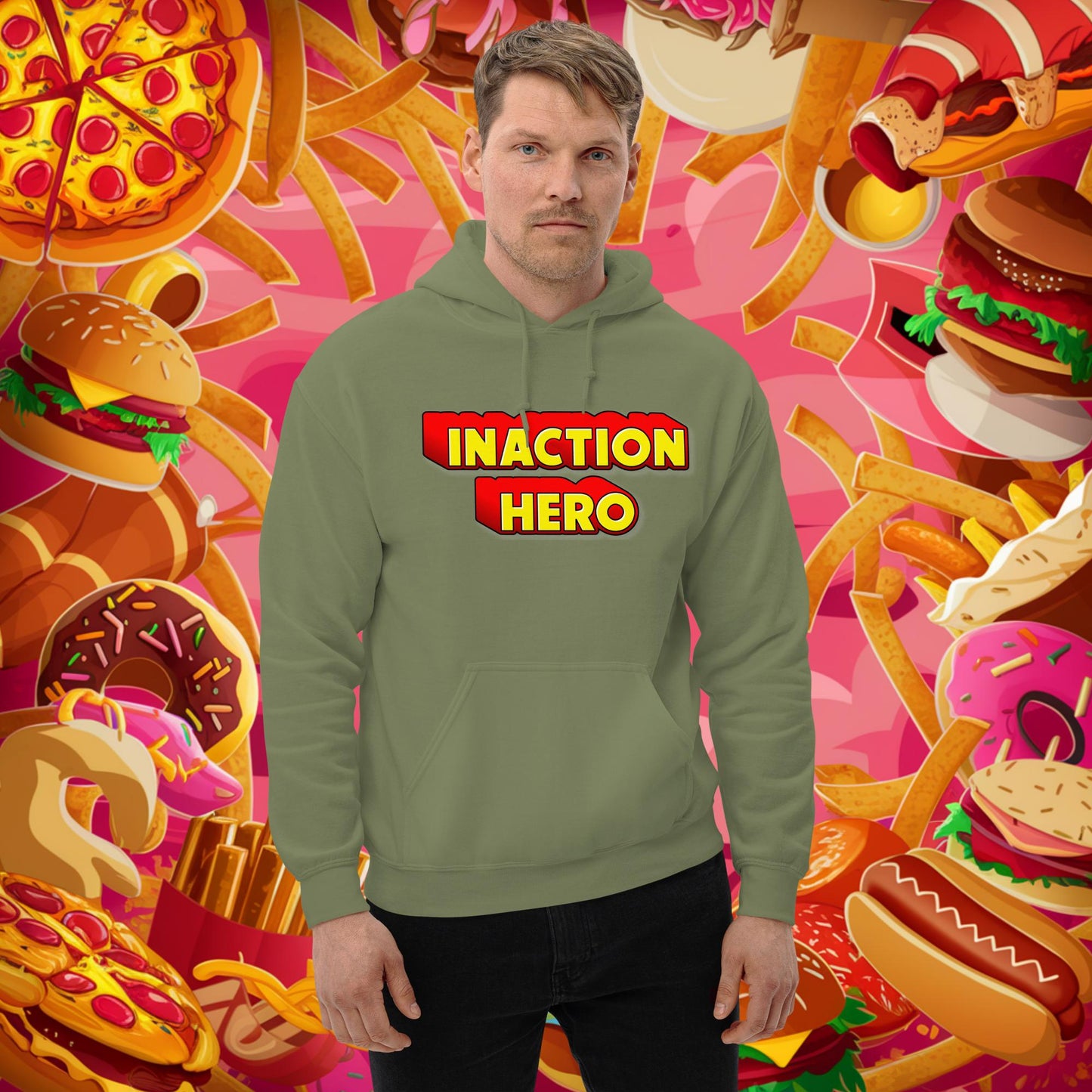 Inaction Hero Unisex Hoodie Military Green Hoodies Superheroes Next Cult Brand