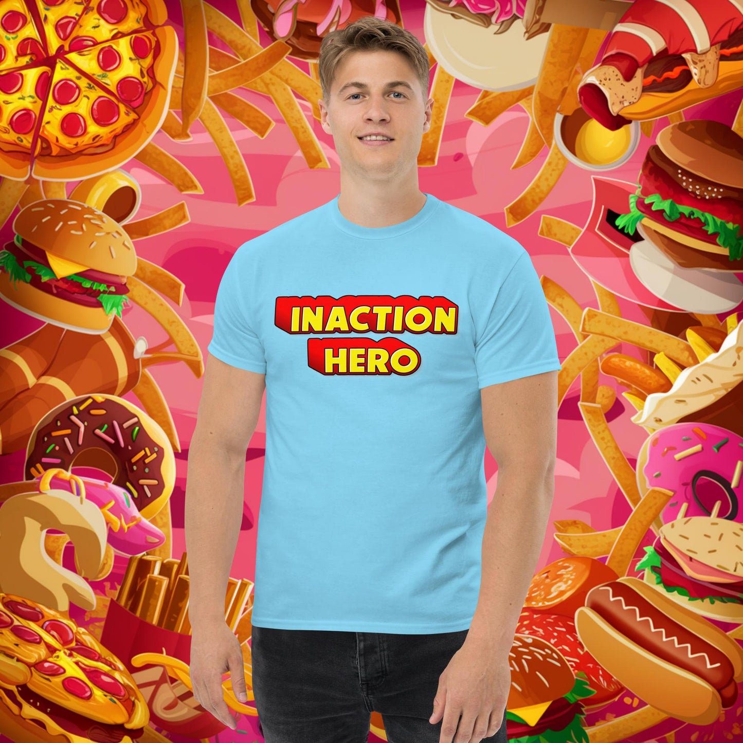 Inaction Hero Unisex tee Sky T-shirts Superheroes Next Cult Brand
