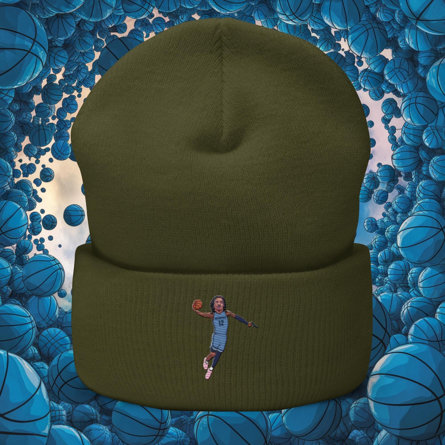 Ja Morant Gun Suspension Memphis Grizzlies NBA Cuffed Beanie Olive Hats Basketball Ja Morant Memphis Grizzlies NBA Next Cult Brand