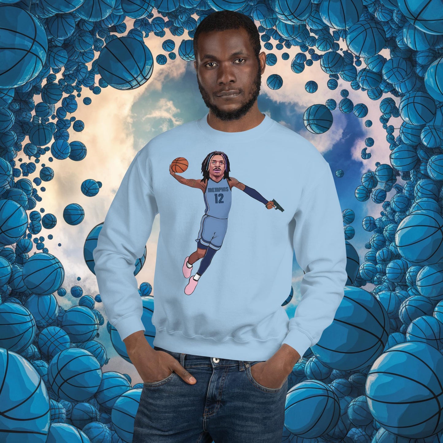 Ja Morant Gun Suspension Memphis Grizzlies NBA Unisex Sweatshirt Light Blue Sweatshirts Basketball Ja Morant Memphis Grizzlies NBA Next Cult Brand