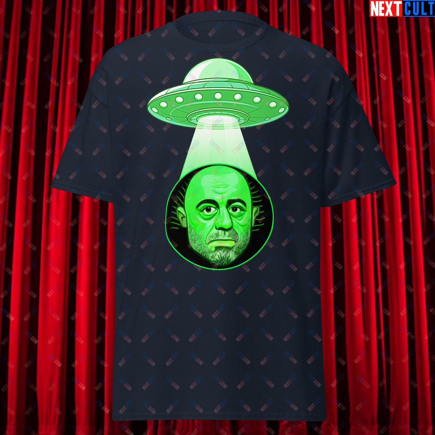 Joe Rogan Alien UFO Abduction Funny Extra-Terrestrial JRE Podcast Unisex t-shirt Navy T-shirts Joe Rogan Podcasts Stand-up Comedy Next Cult Brand
