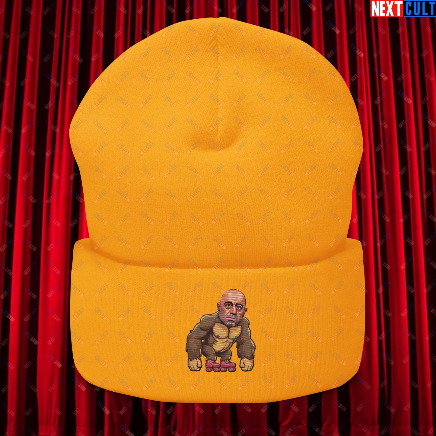 Joe Rogan Ape Roller-Blading Funny JRE Podcast Cuffed Beanie Gold Hats Joe Rogan Podcasts Stand-up Comedy Next Cult Brand