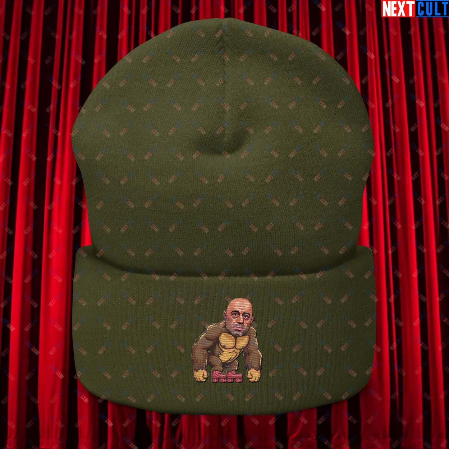 Joe Rogan Ape Roller-Blading Funny JRE Podcast Cuffed Beanie Olive Hats Joe Rogan Podcasts Stand-up Comedy Next Cult Brand