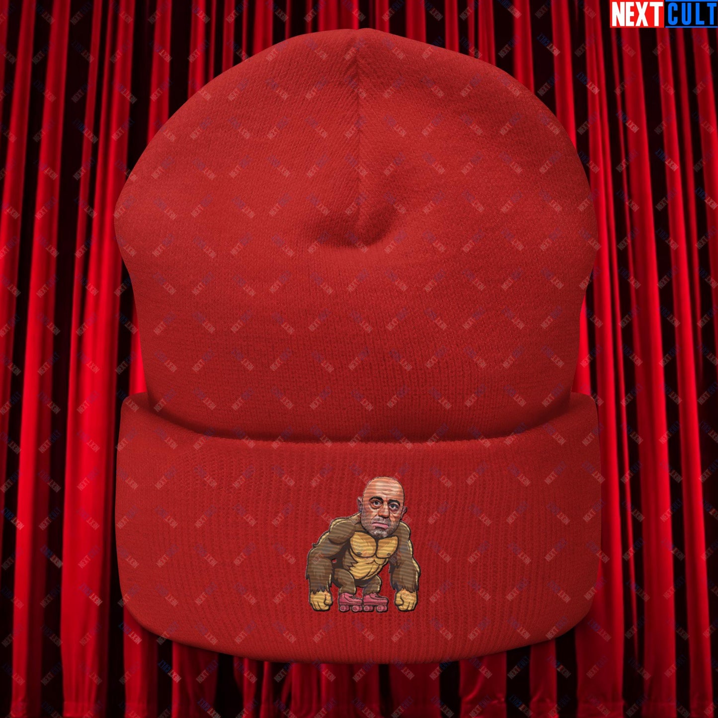 Joe Rogan Ape Roller-Blading Funny JRE Podcast Cuffed Beanie Red Hats Joe Rogan Podcasts Stand-up Comedy Next Cult Brand