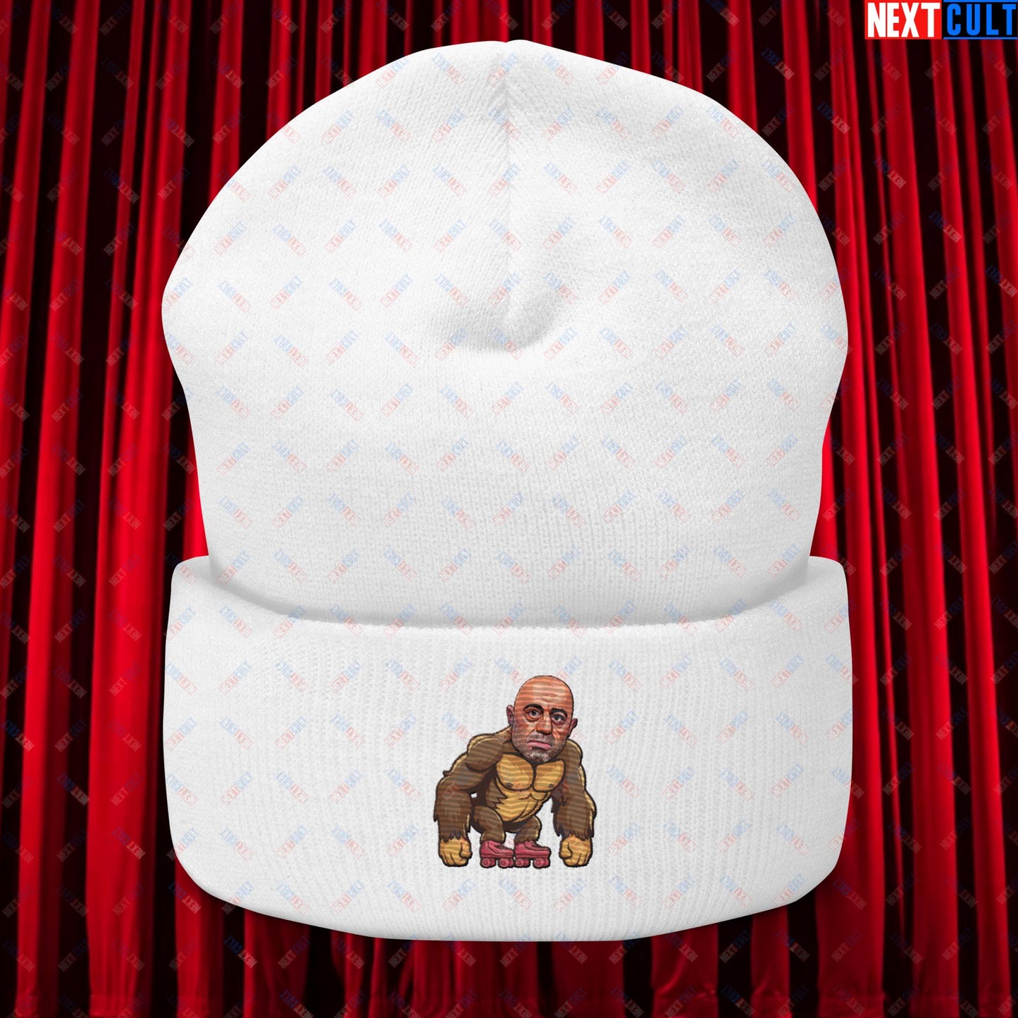 Joe Rogan Ape Roller-Blading Funny JRE Podcast Cuffed Beanie White Hats Joe Rogan Podcasts Stand-up Comedy Next Cult Brand