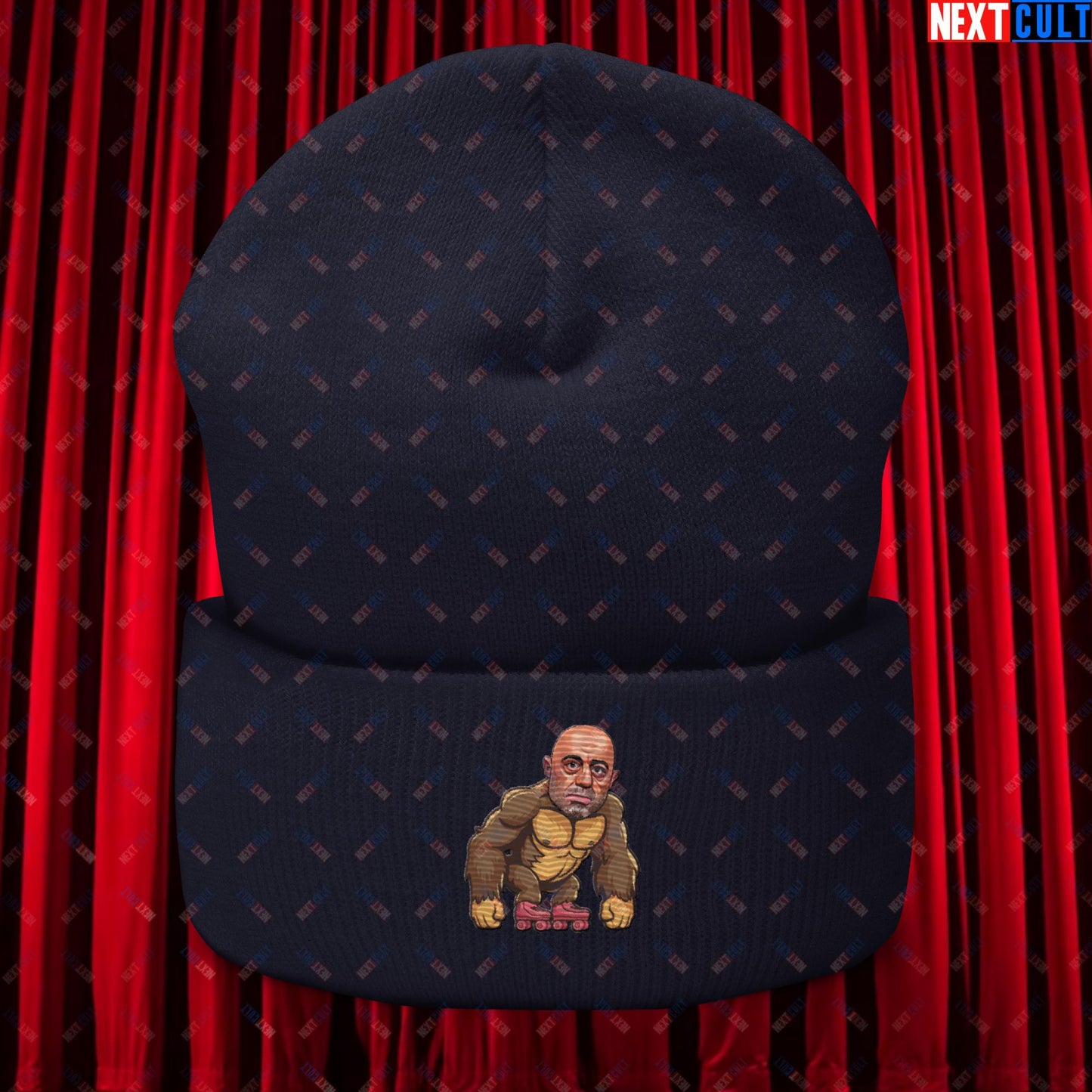 Joe Rogan Ape Roller-Blading Funny JRE Podcast Cuffed Beanie Navy Hats Joe Rogan Podcasts Stand-up Comedy Next Cult Brand
