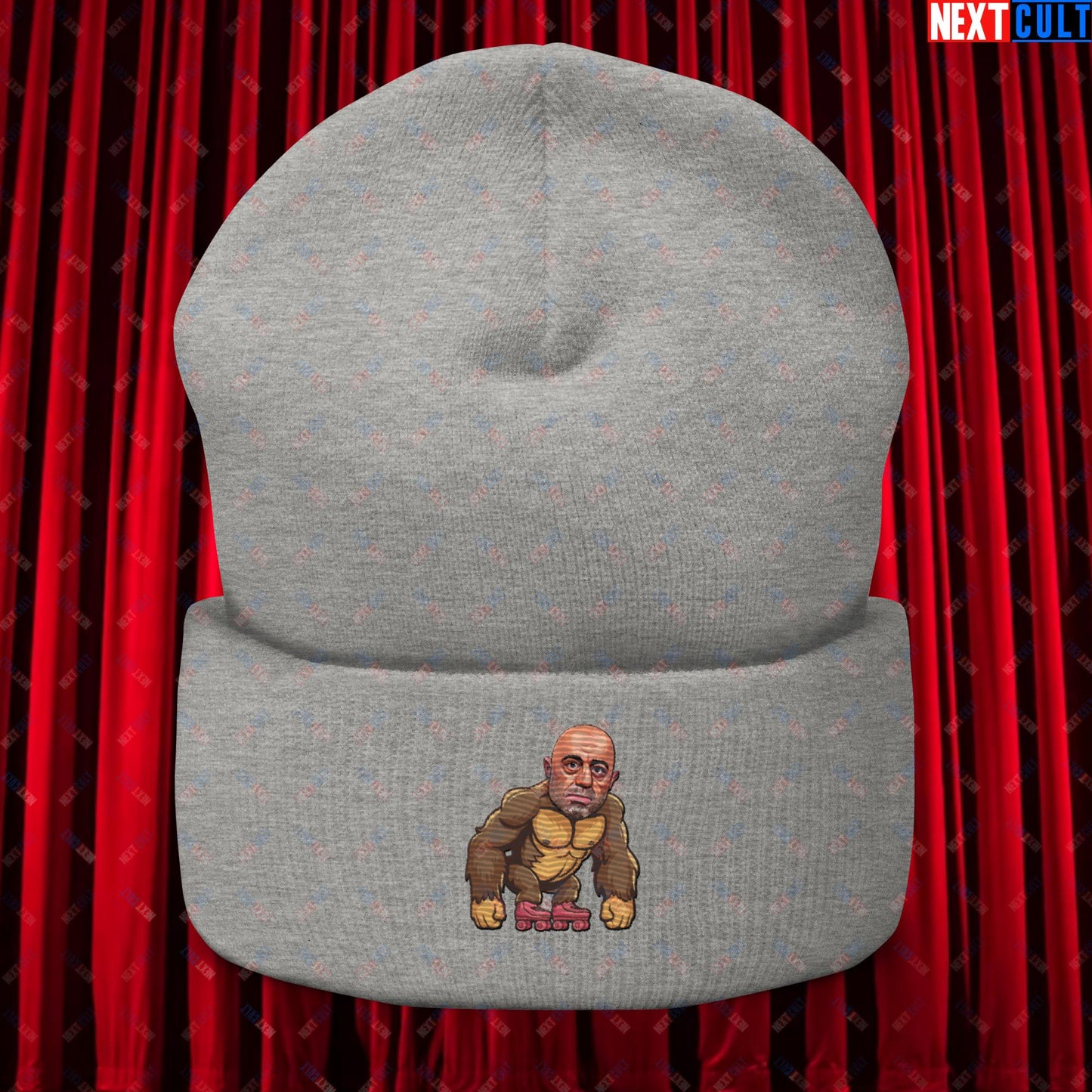 Joe Rogan Ape Roller-Blading Funny JRE Podcast Cuffed Beanie Heather Grey Hats Joe Rogan Podcasts Stand-up Comedy Next Cult Brand