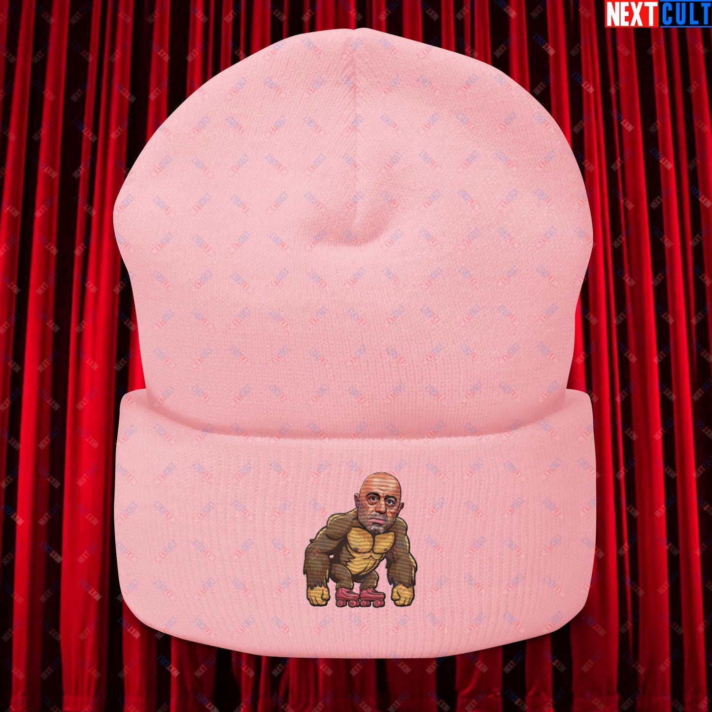 Joe Rogan Ape Roller-Blading Funny JRE Podcast Cuffed Beanie Baby Pink Hats Joe Rogan Podcasts Stand-up Comedy Next Cult Brand