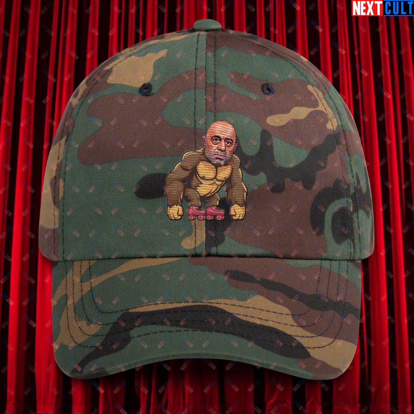 Joe Rogan Ape Roller-Blading Funny JRE Podcast Dad hat Green Camo Hats Joe Rogan Podcasts Stand-up Comedy Next Cult Brand