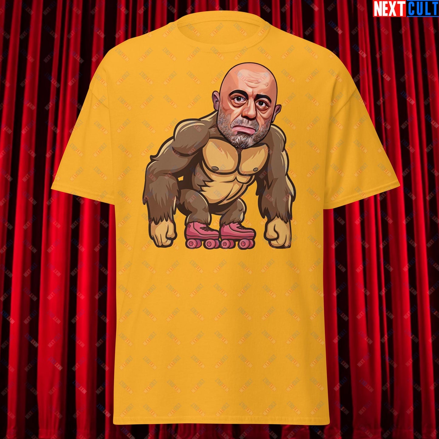 Joe Rogan Ape Roller-Blading Funny JRE Podcast Unisex tee Gold T-shirts Joe Rogan Podcasts Stand-up Comedy Next Cult Brand