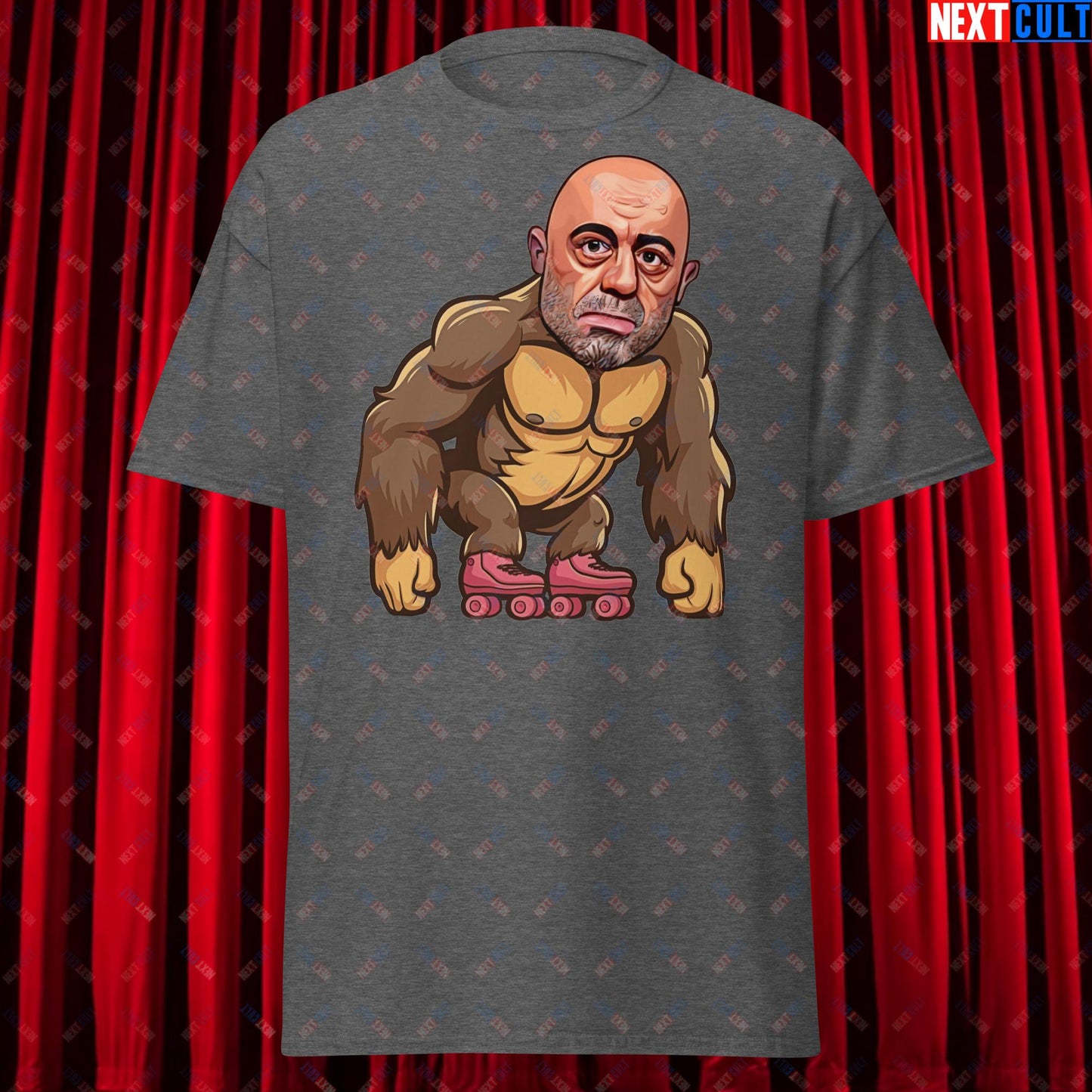 Joe Rogan Ape Roller-Blading Funny JRE Podcast Unisex tee Dark Heather T-shirts Joe Rogan Podcasts Stand-up Comedy Next Cult Brand