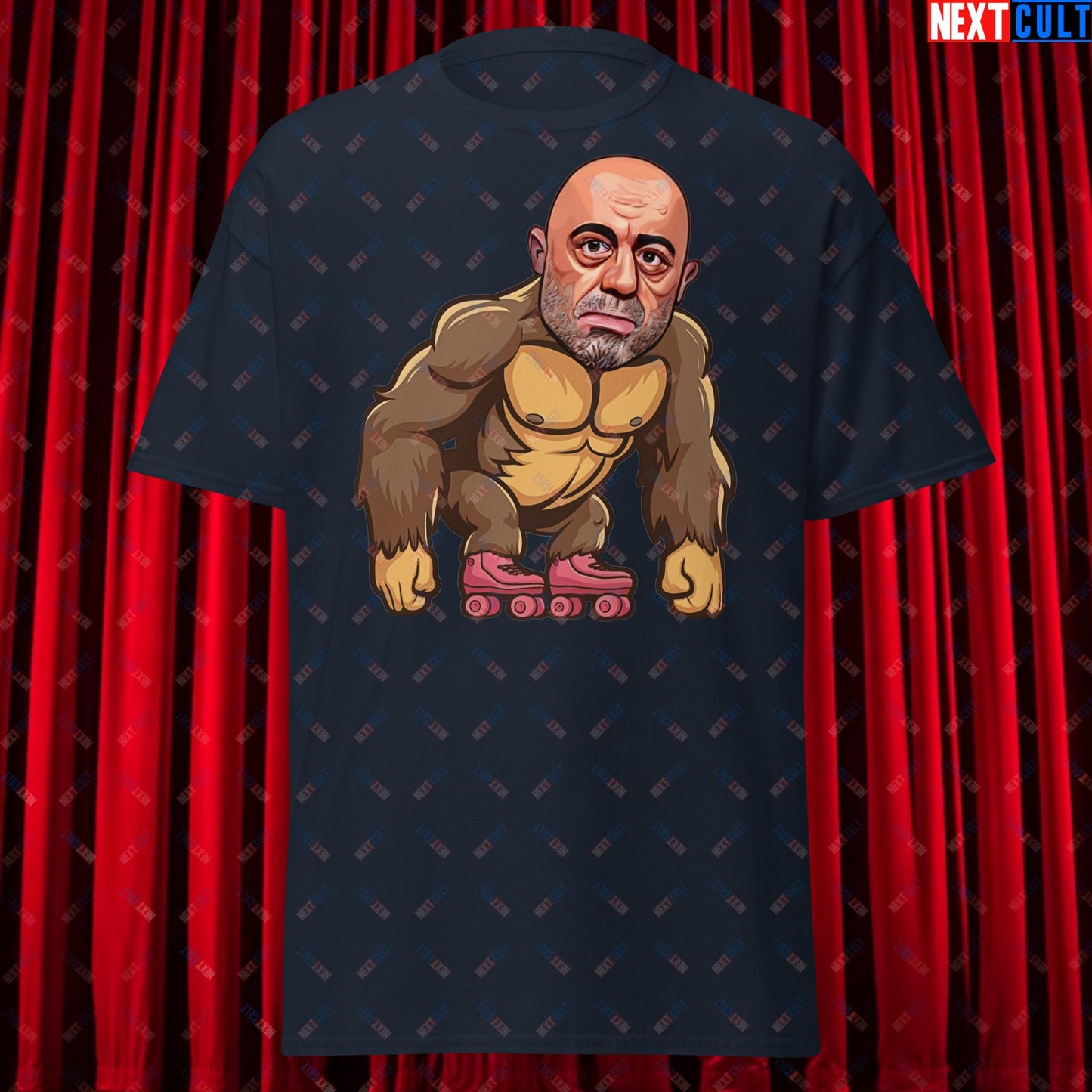 Joe Rogan Ape Roller-Blading Funny JRE Podcast Unisex tee Navy T-shirts Joe Rogan Podcasts Stand-up Comedy Next Cult Brand