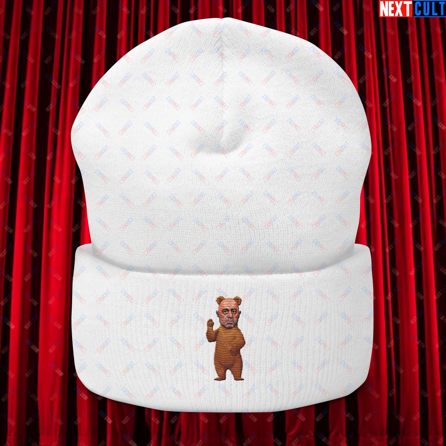 Joe Rogan Grizzly Bear Rogie Bear Funny JRE Podcast Cuffed Beanie White Hats Joe Rogan Podcasts Stand-up Comedy Next Cult Brand