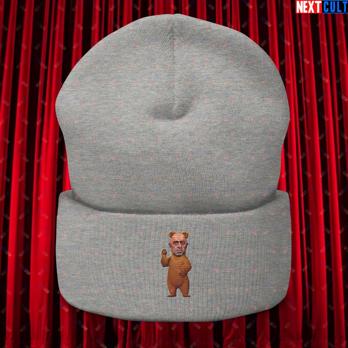 Joe Rogan Grizzly Bear Rogie Bear Funny JRE Podcast Cuffed Beanie Heather Grey Hats Joe Rogan Podcasts Stand-up Comedy Next Cult Brand
