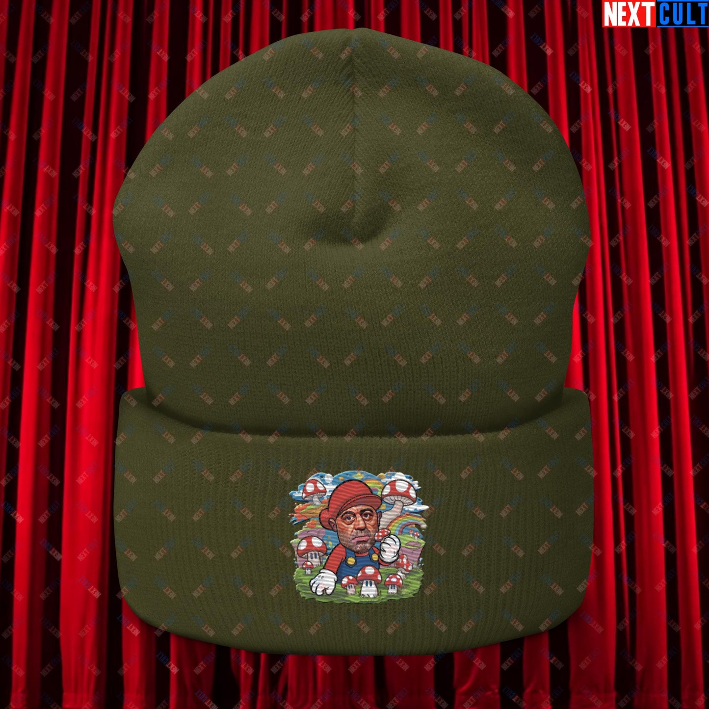 Joe Rogan Psilocybin Mushroom Funny Super Mario Magic Shrooms JRE Podcast Cuffed Beanie Olive Hats Joe Rogan Podcasts Stand-up Comedy Video Games Next Cult Brand