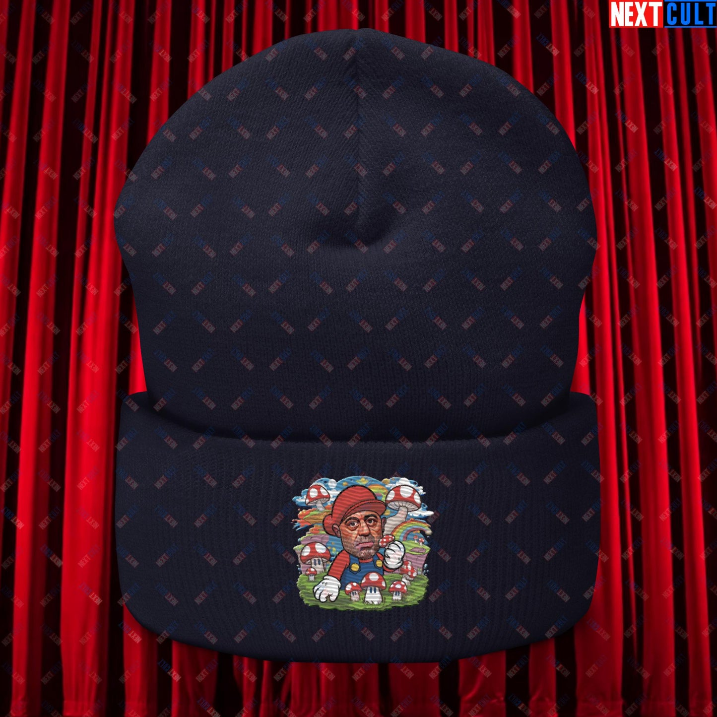 Joe Rogan Psilocybin Mushroom Funny Super Mario Magic Shrooms JRE Podcast Cuffed Beanie Navy Hats Joe Rogan Podcasts Stand-up Comedy Video Games Next Cult Brand