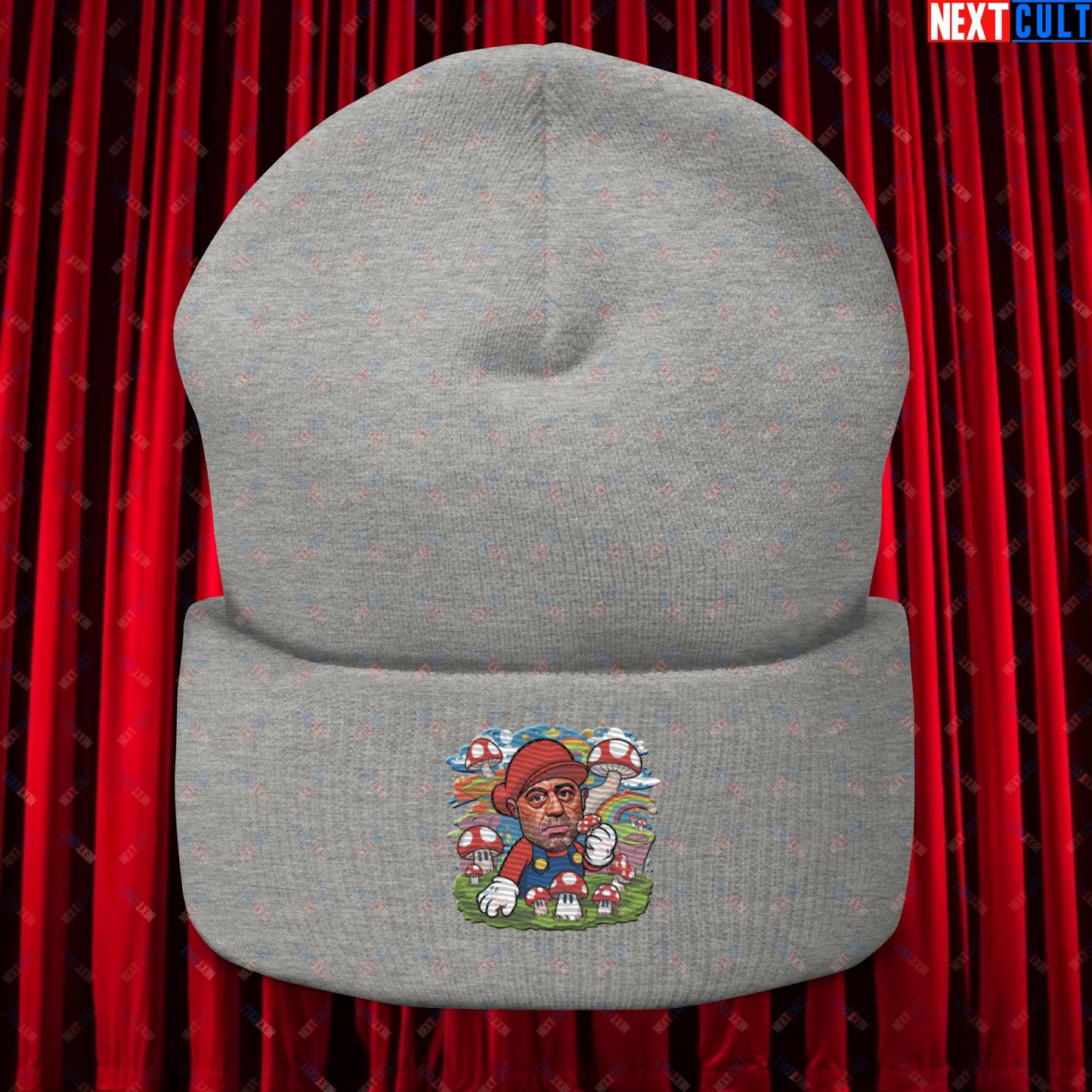 Joe Rogan Psilocybin Mushroom Funny Super Mario Magic Shrooms JRE Podcast Cuffed Beanie Heather Grey Hats Joe Rogan Podcasts Stand-up Comedy Video Games Next Cult Brand