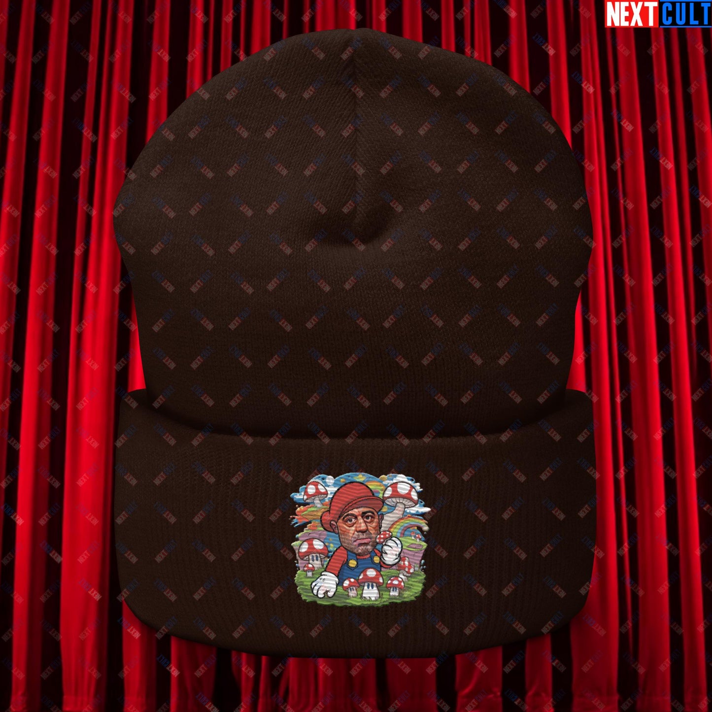 Joe Rogan Psilocybin Mushroom Funny Super Mario Magic Shrooms JRE Podcast Cuffed Beanie Brown Hats Joe Rogan Podcasts Stand-up Comedy Video Games Next Cult Brand