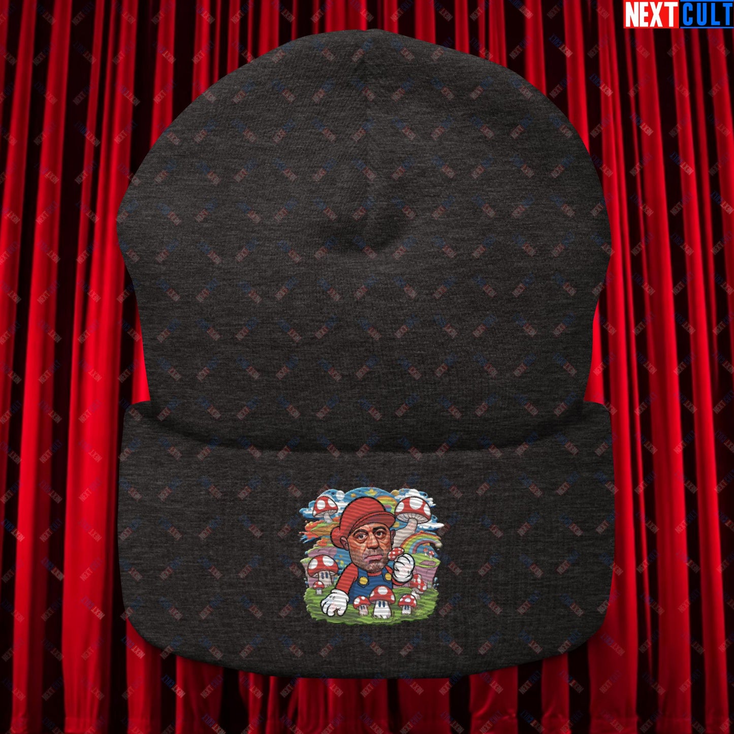 Joe Rogan Psilocybin Mushroom Funny Super Mario Magic Shrooms JRE Podcast Cuffed Beanie Dark Grey Hats Joe Rogan Podcasts Stand-up Comedy Video Games Next Cult Brand