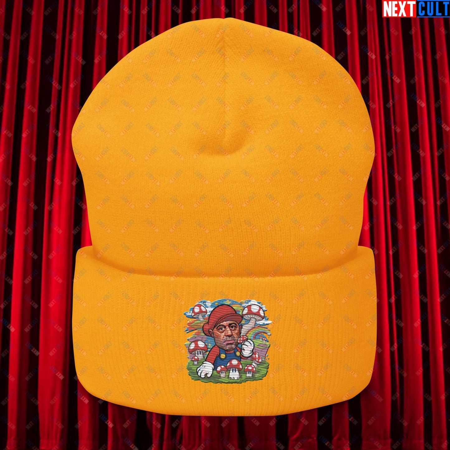 Joe Rogan Psilocybin Mushroom Funny Super Mario Magic Shrooms JRE Podcast Cuffed Beanie Gold Hats Joe Rogan Podcasts Stand-up Comedy Video Games Next Cult Brand